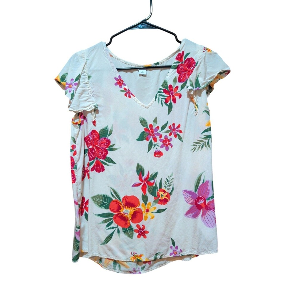 Old Navy Women White Blouse Tropical Floral Print V-Neck Cap Sleeve Flowy Top M